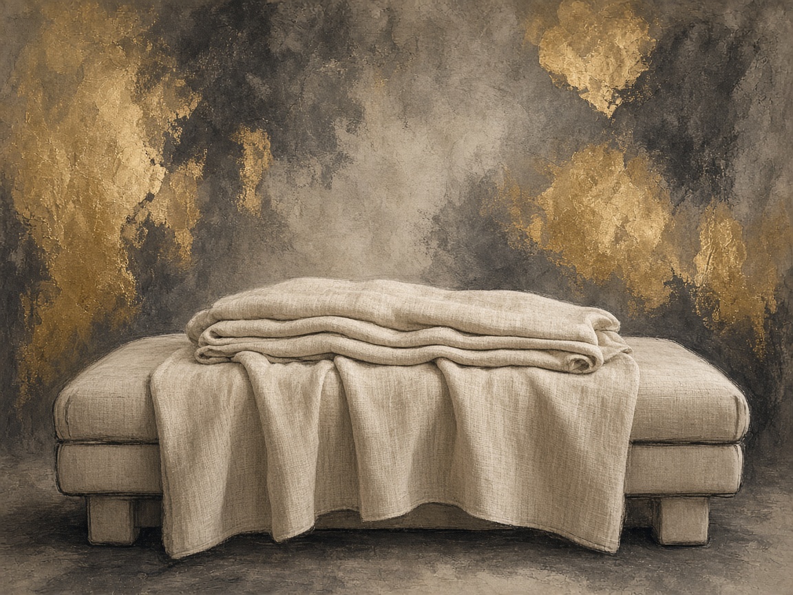 Illustrated linen table and warm gold light in a calm massage suite